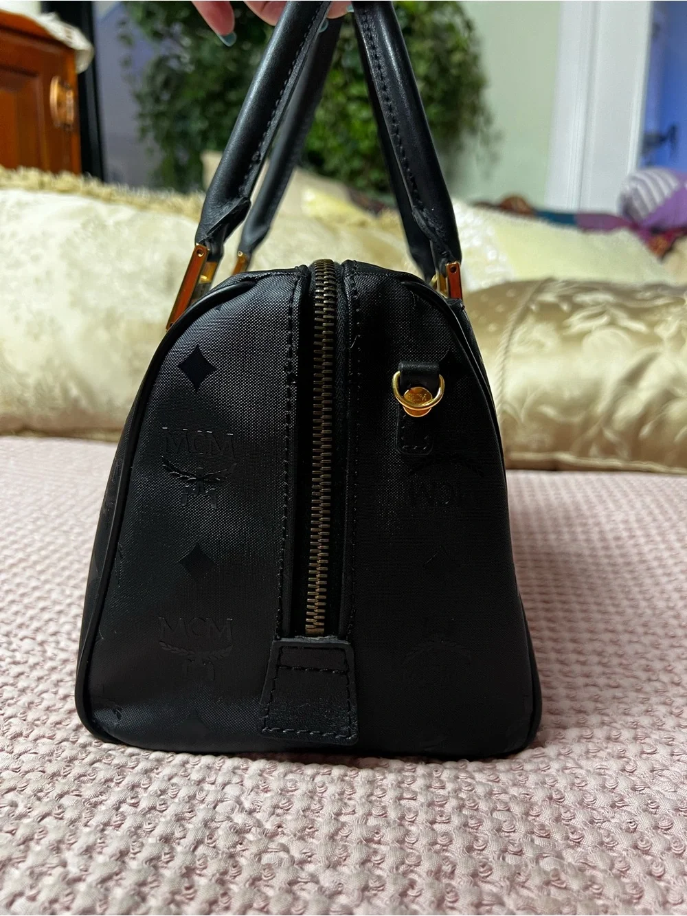 Vintage MCM München Black Visetos Boston Satchel Crossbody Bag